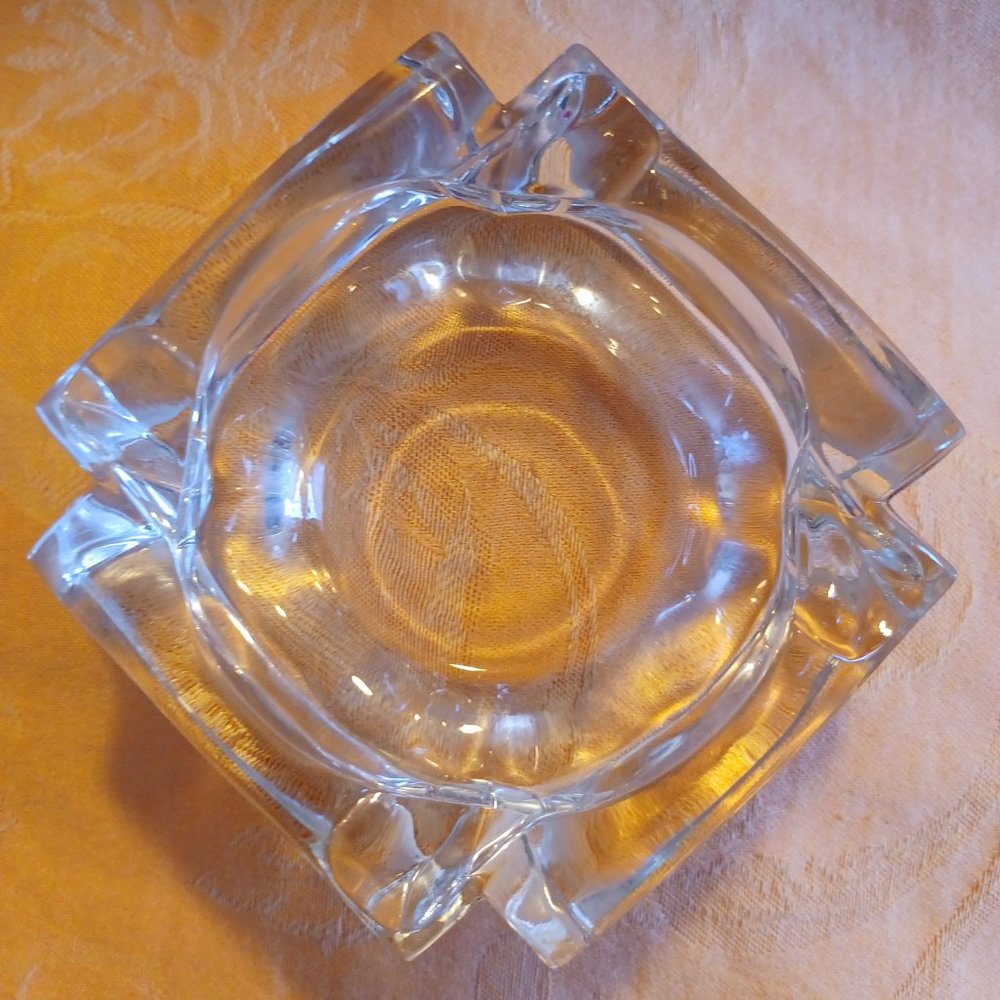 MCM Mid Century Art Deco VTG Ashtray Glass Heavy Clear Trinket Incense Square